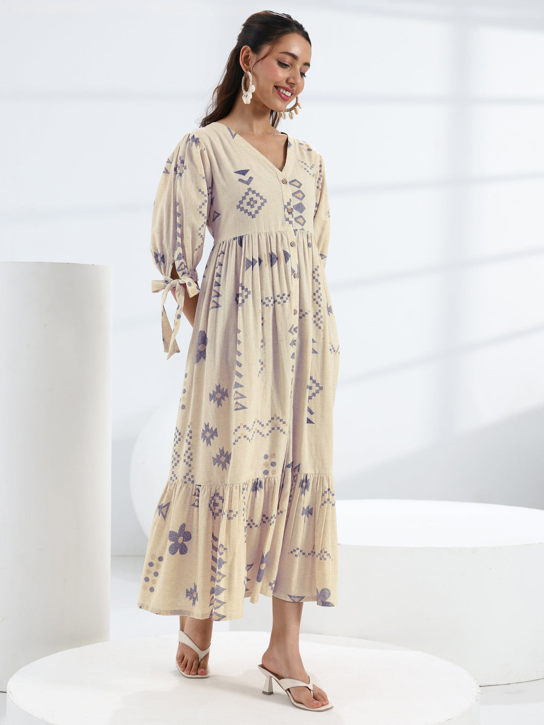  Off White Abstract Printed  Cotton A-Line One Piece Dress 