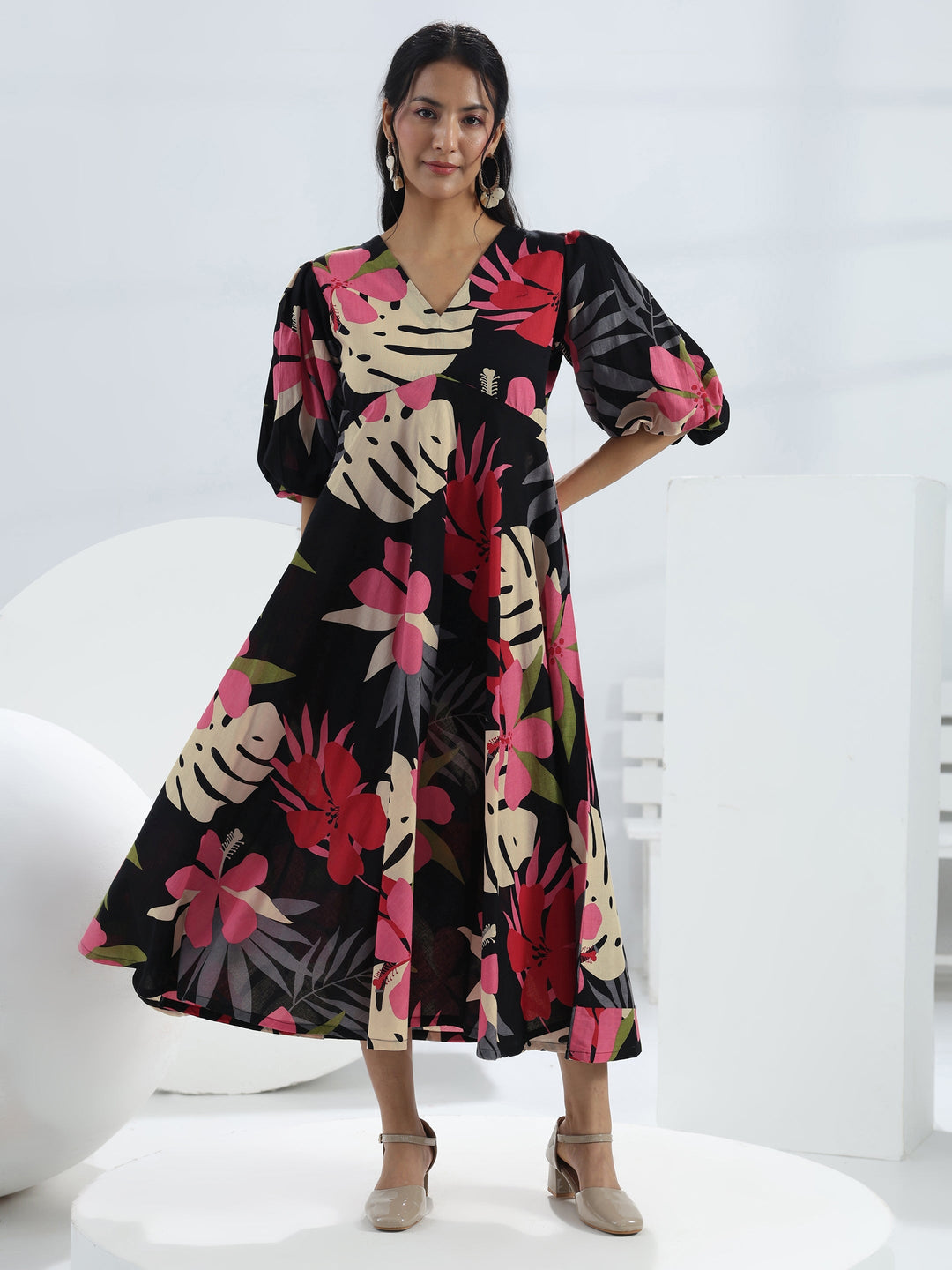  Black Floral Printed Cotton A-Line One-Piece Dress 