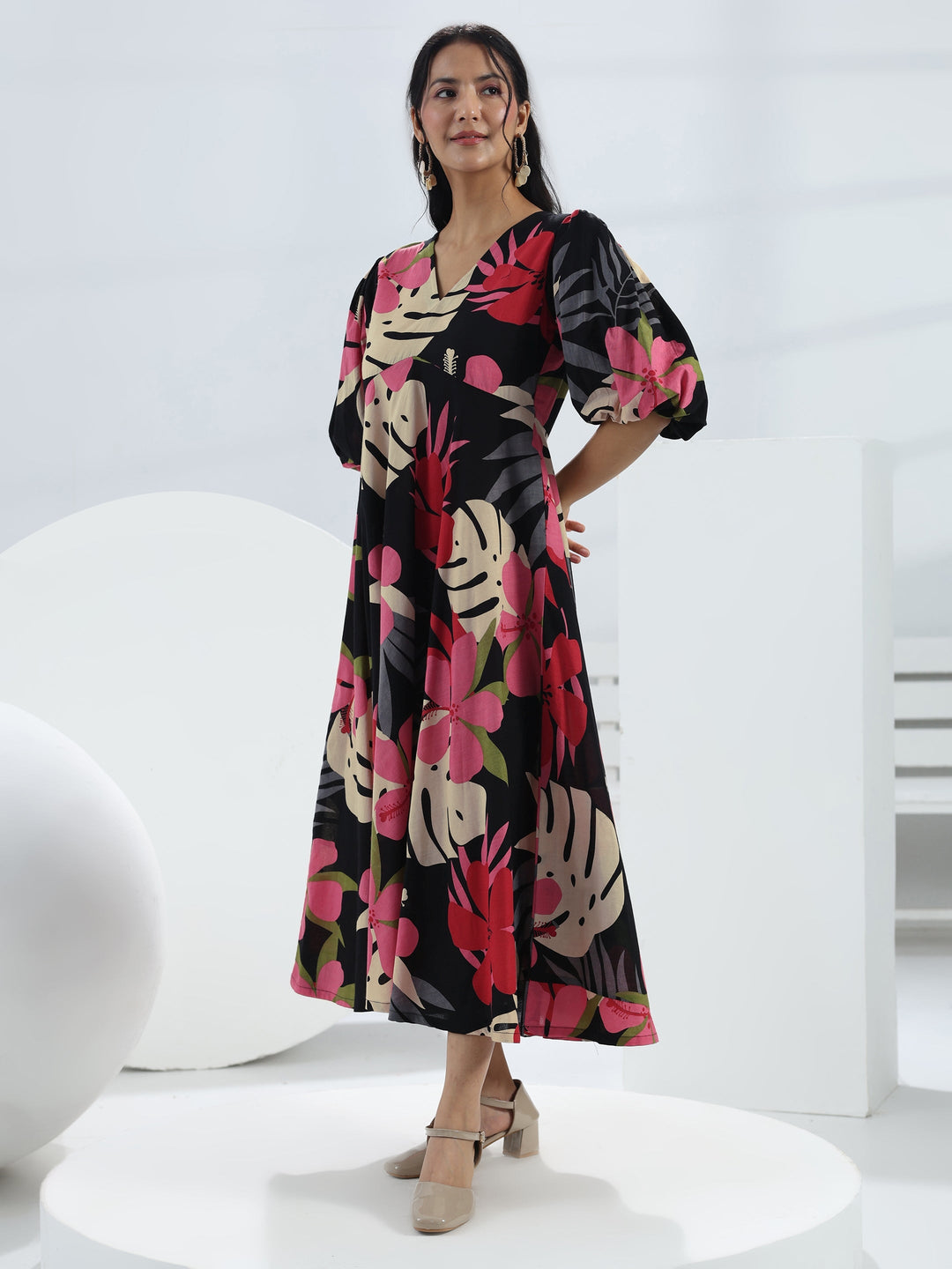  Black Floral Printed Cotton A-Line One-Piece Dress 