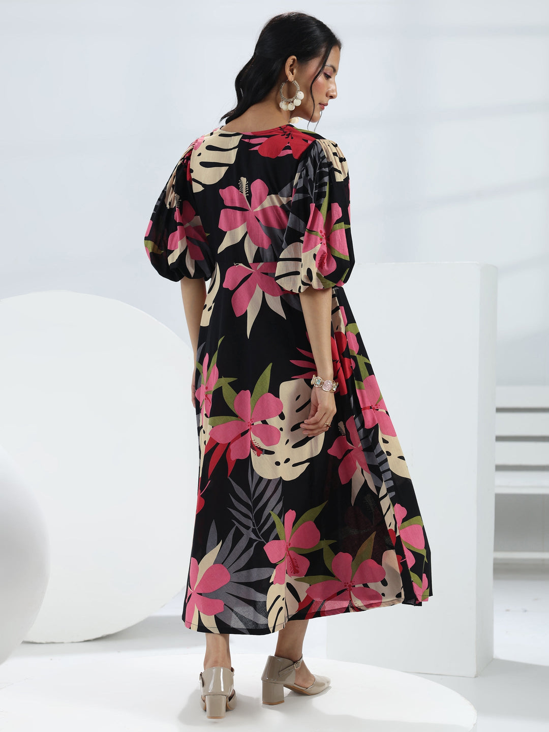  Black Floral Printed Cotton A-Line One-Piece Dress 
