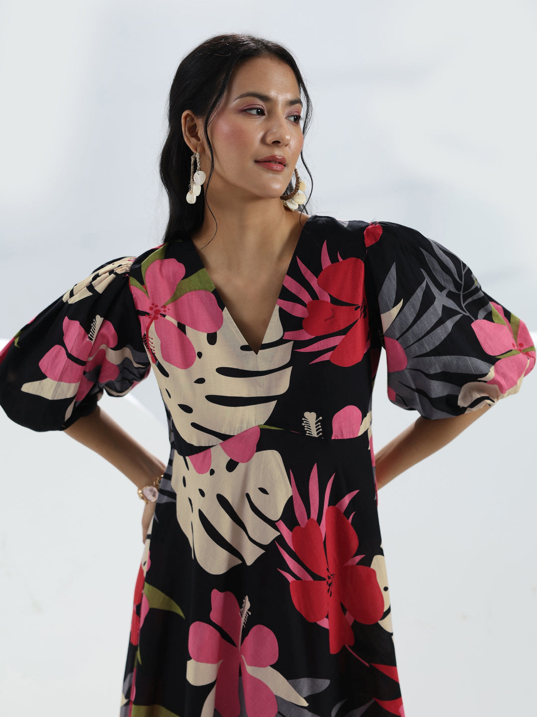  Black Floral Printed Cotton A-Line One-Piece Dress 