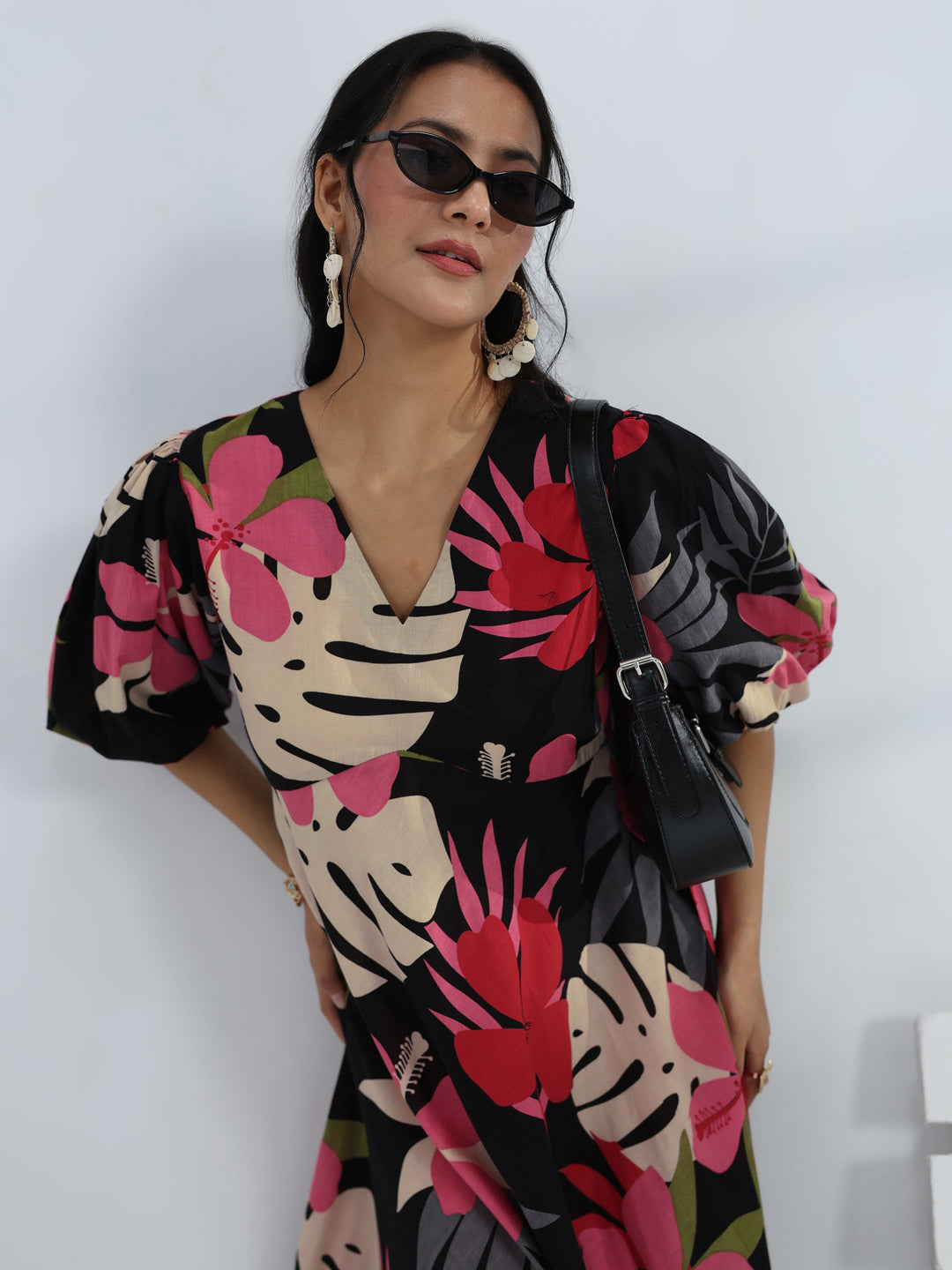  Black Floral Printed Cotton A-Line One-Piece Dress 