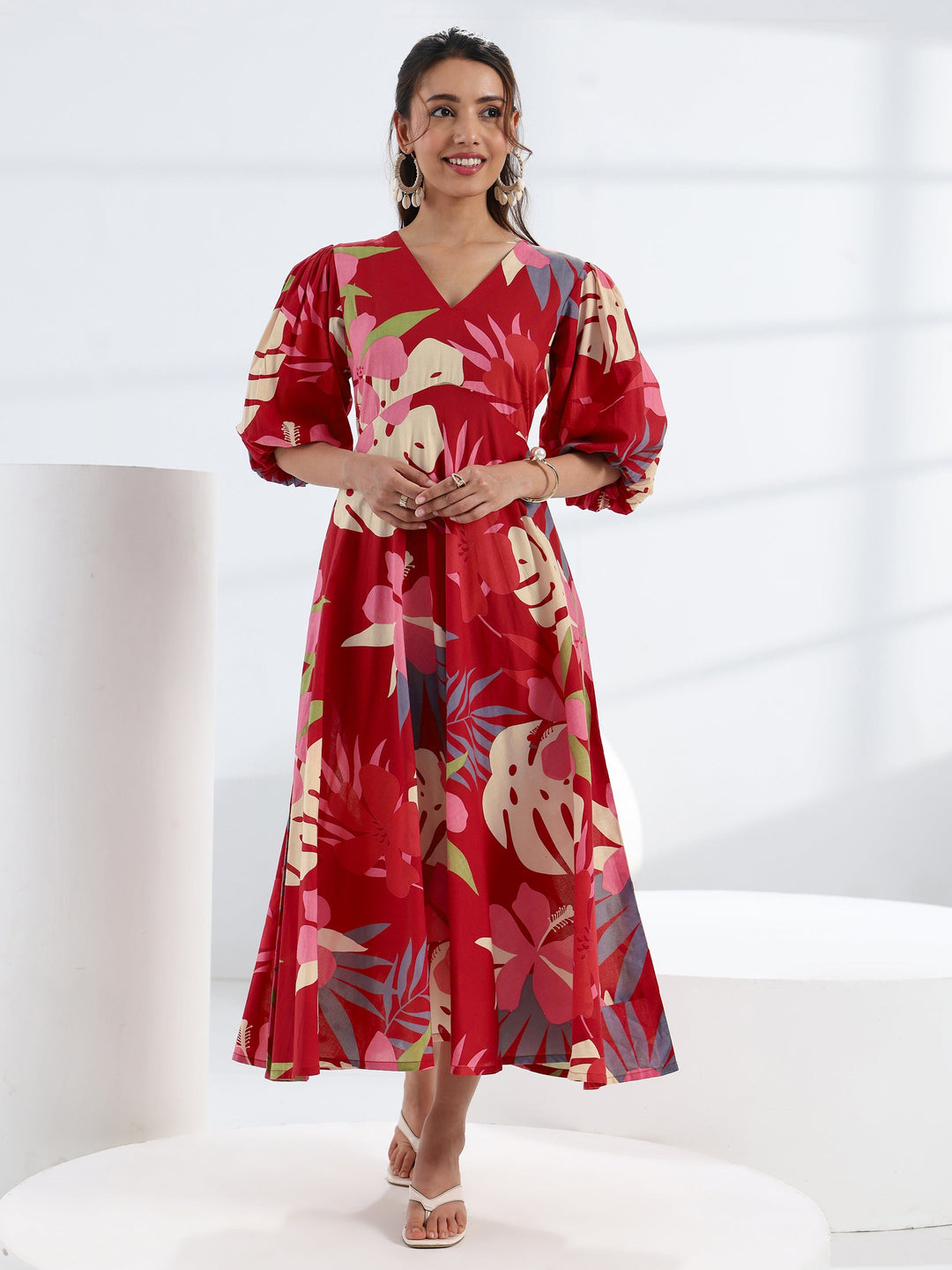  Red Tropical Printed Cotton A-Line One Piece Dress 