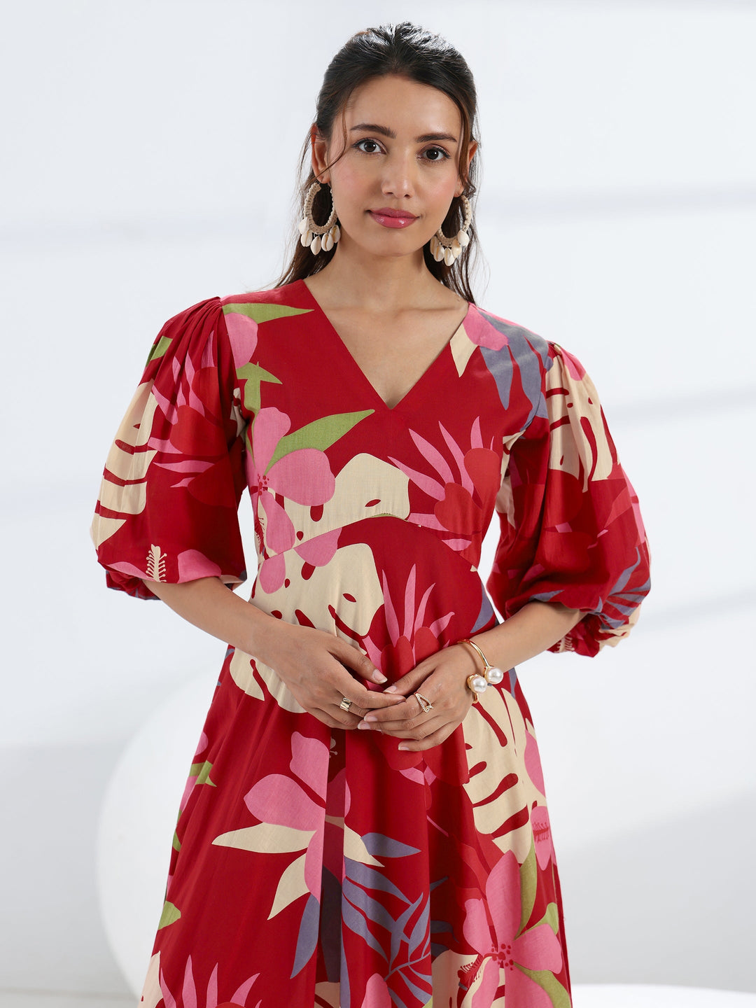  Red Tropical Printed Cotton A-Line One Piece Dress 