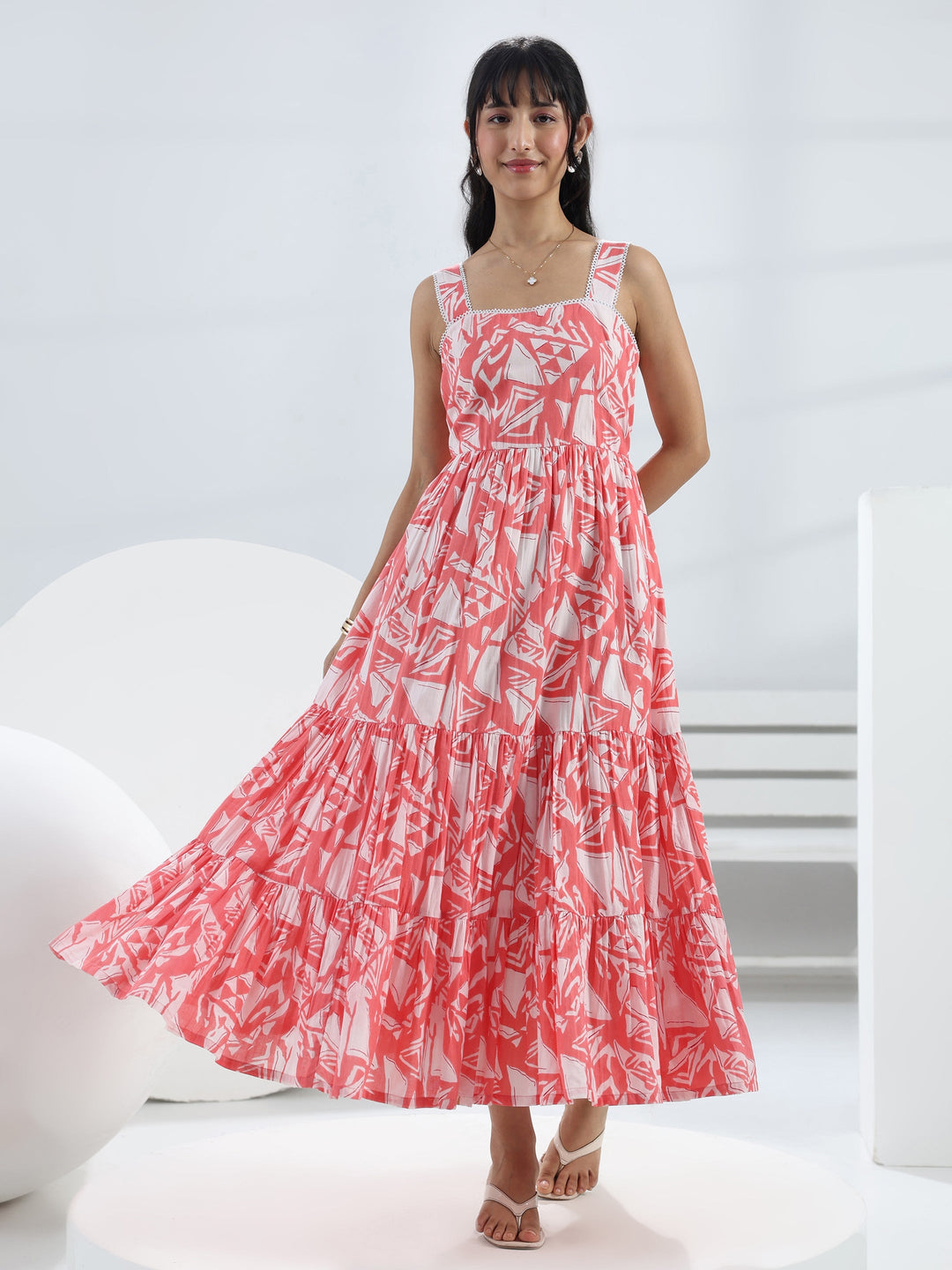  Peach Abstract Printed Cotton One-Piece Tiered Dress 