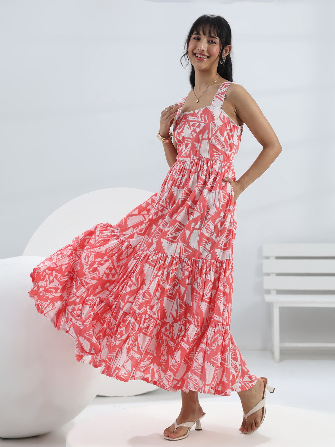  Peach Abstract Printed Cotton One-Piece Tiered Dress 