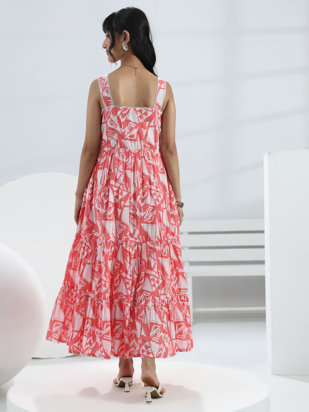  Peach Abstract Printed Cotton One-Piece Tiered Dress 
