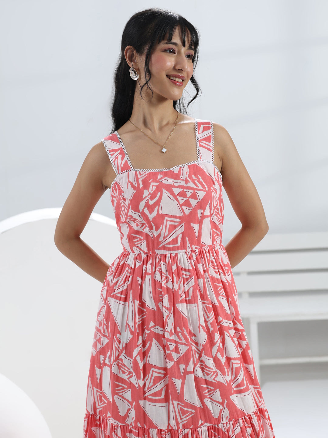  Peach Abstract Printed Cotton One-Piece Tiered Dress 