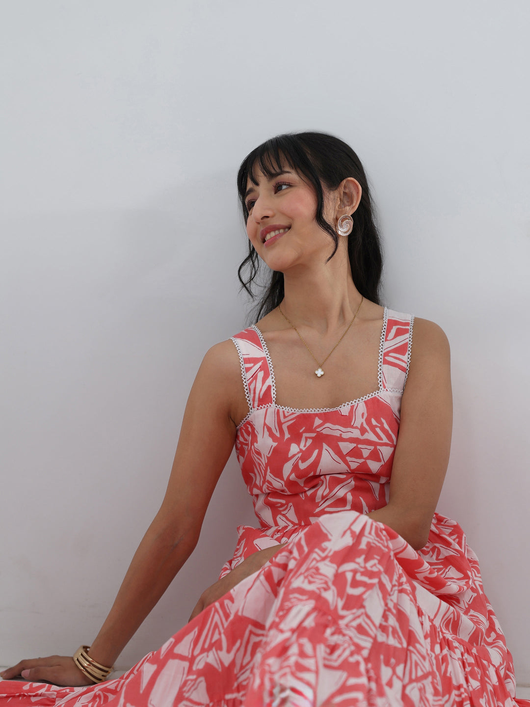  Peach Abstract Printed Cotton One-Piece Tiered Dress 