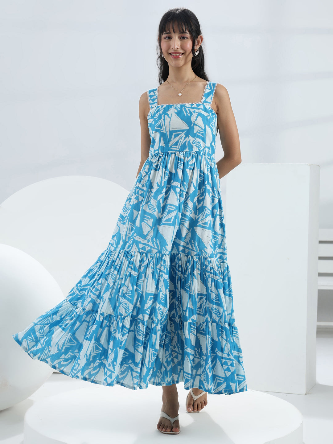  Blue Abstract Printed Cotton One-Piece Tiered Dress 