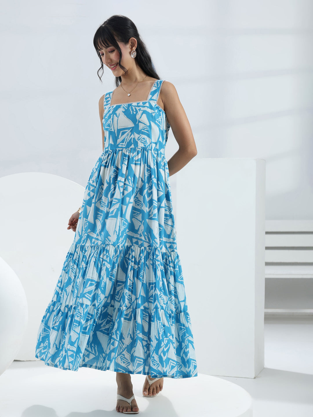  Blue Abstract Printed Cotton One-Piece Tiered Dress 