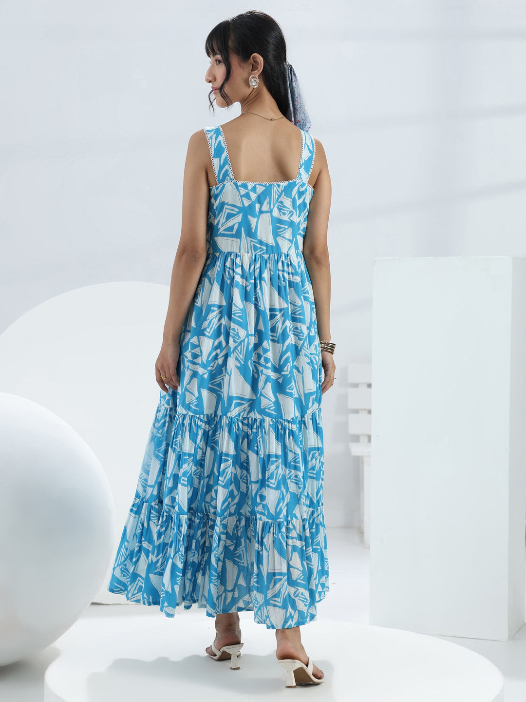  Blue Abstract Printed Cotton One-Piece Tiered Dress 