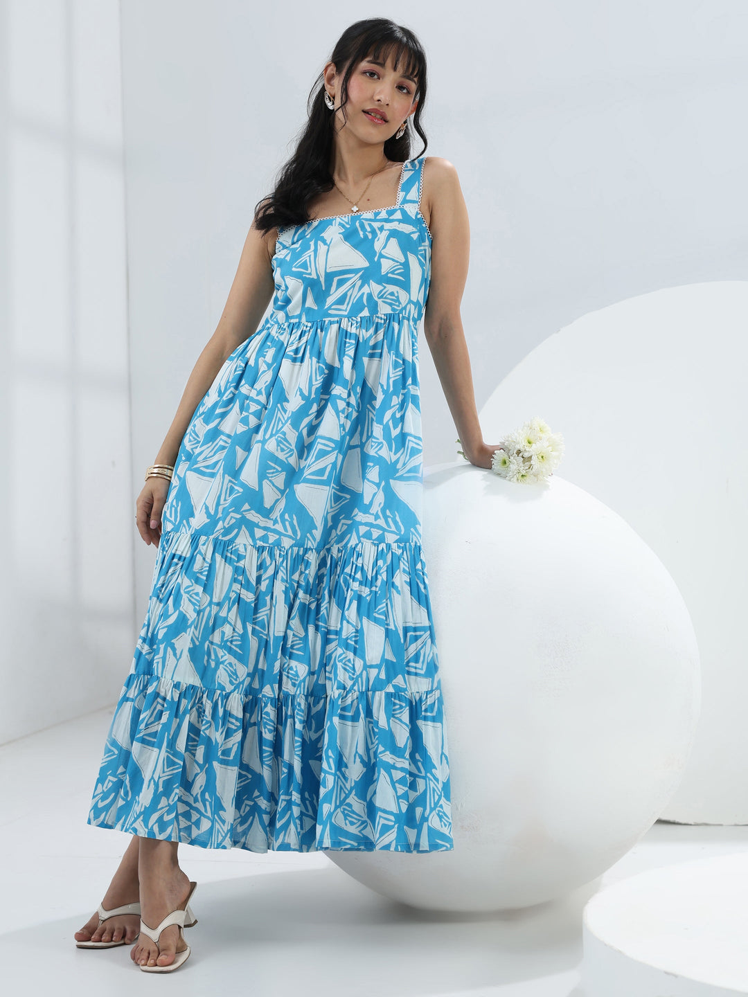  Blue Abstract Printed Cotton One-Piece Tiered Dress 