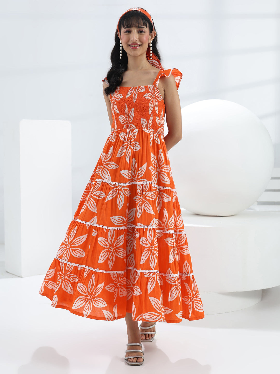  Orange Floral Printed Cotton One-Piece Tiered Dress 