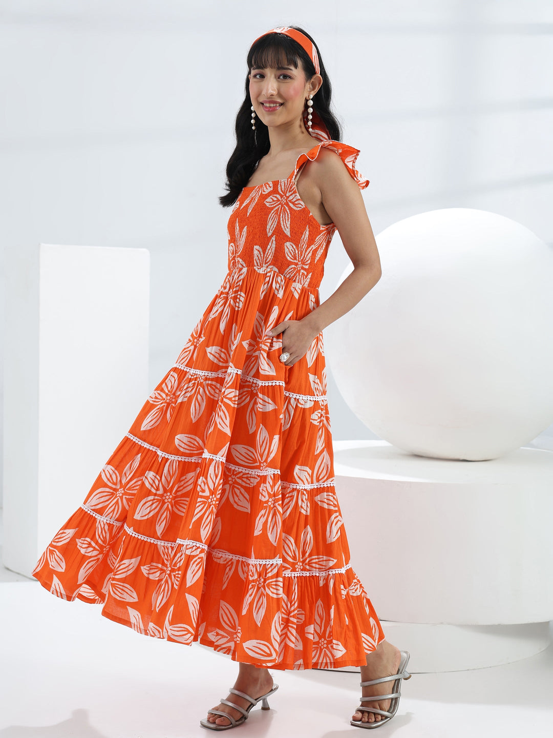  Orange Floral Printed Cotton One-Piece Tiered Dress 