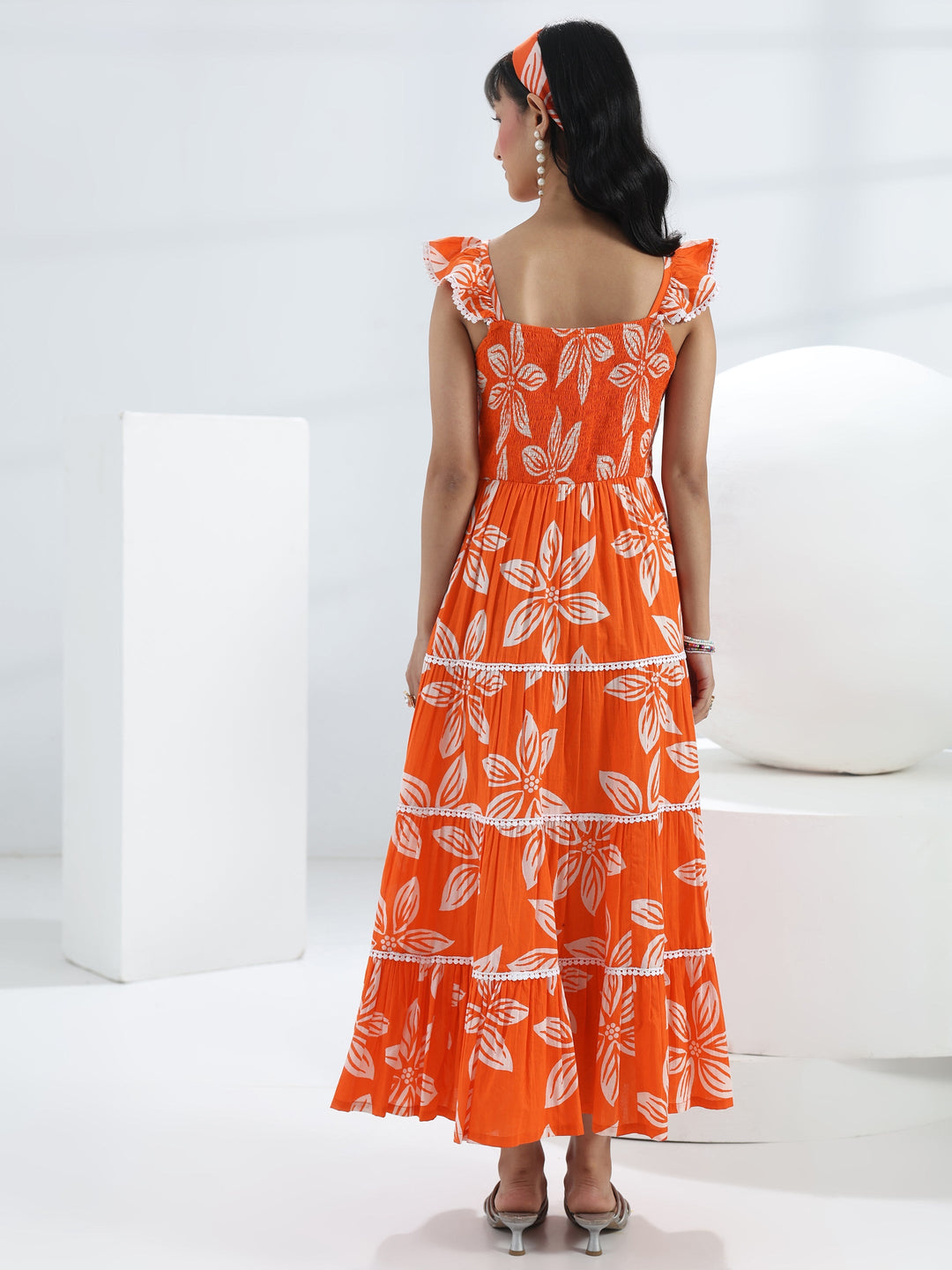  Orange Floral Printed Cotton One-Piece Tiered Dress 