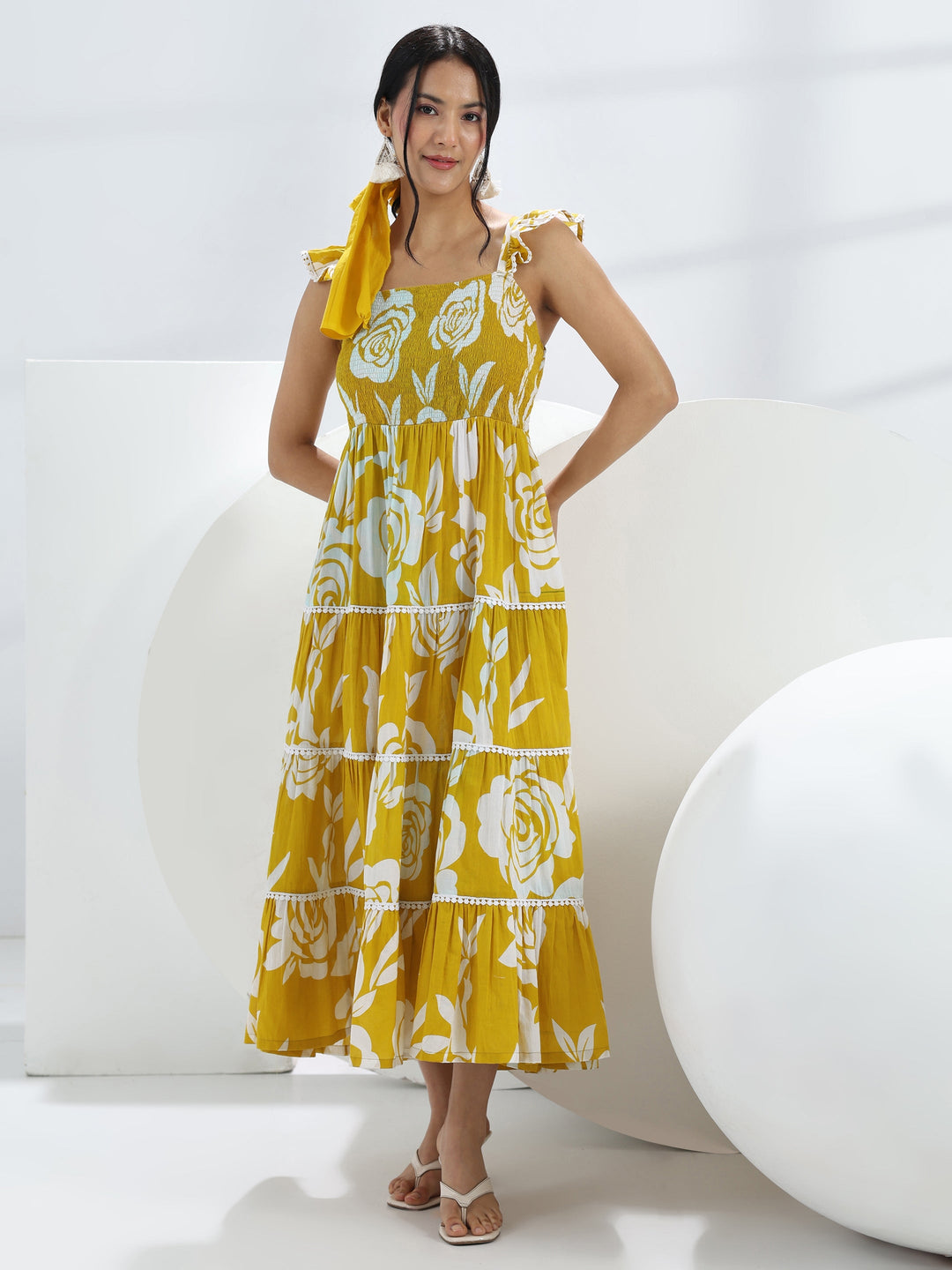  Yellow Floral Printed Cotton One-Piece Tiered Dress 