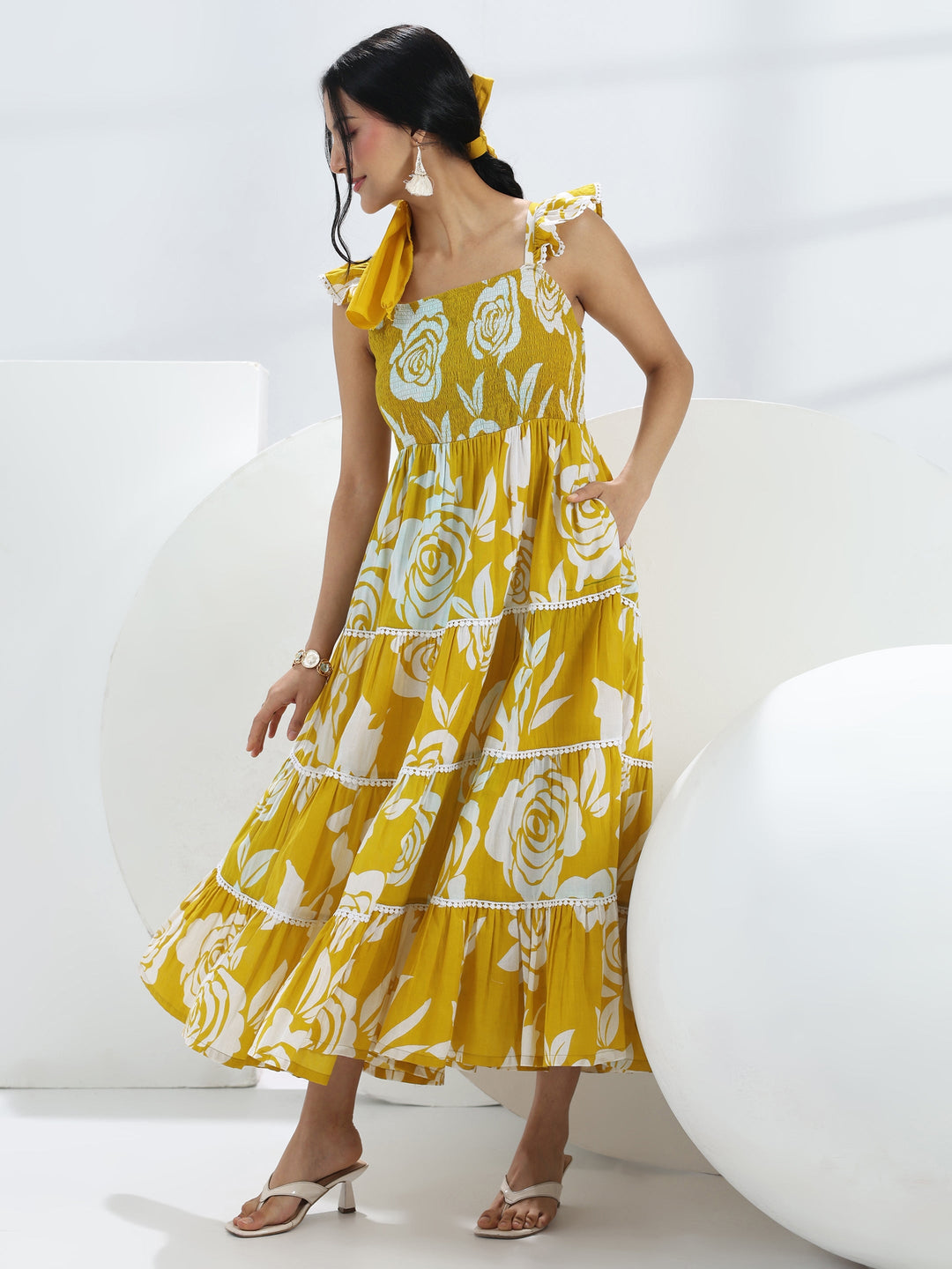  Yellow Floral Printed Cotton One-Piece Tiered Dress 