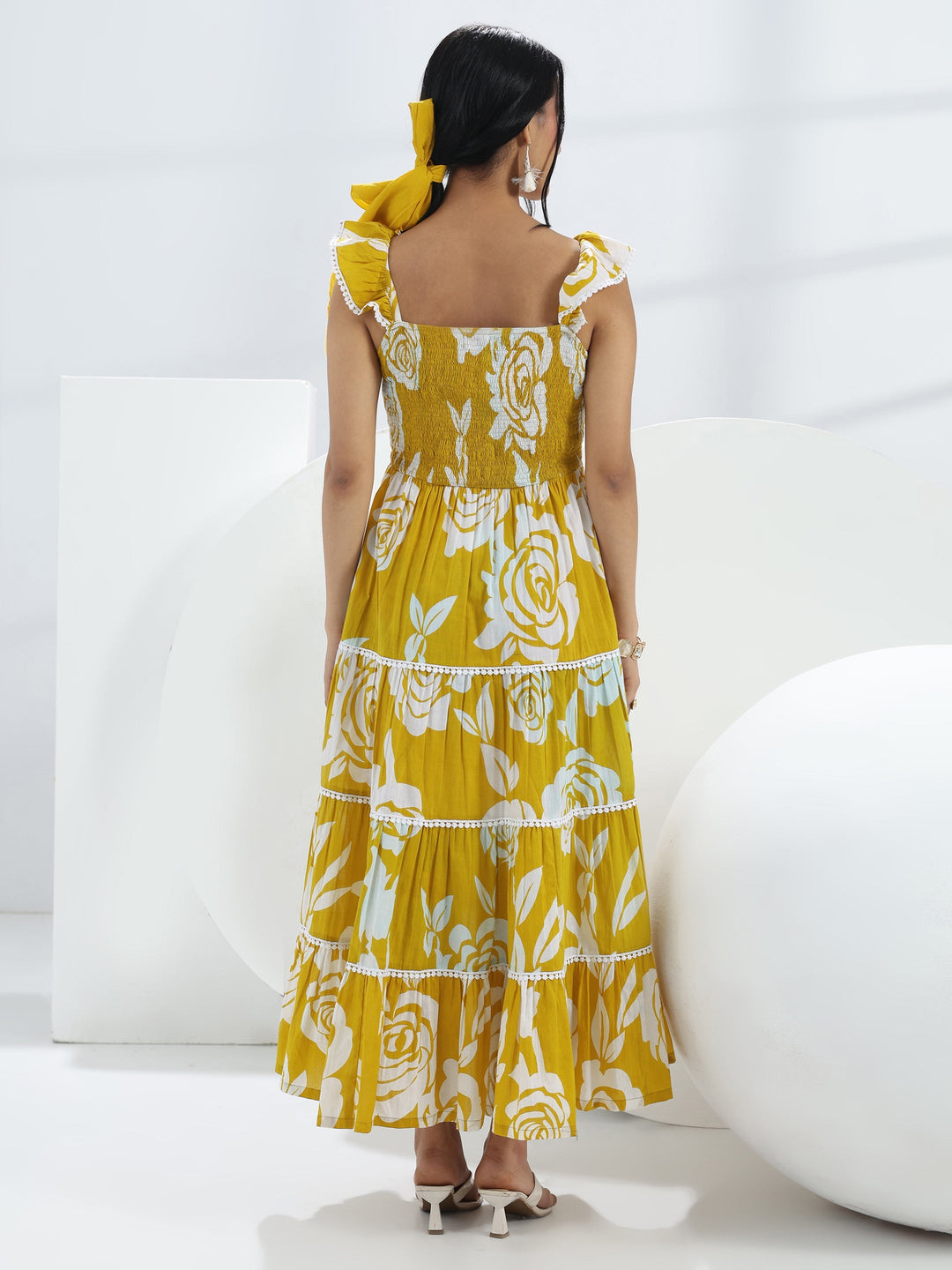  Yellow Floral Printed Cotton One-Piece Tiered Dress 