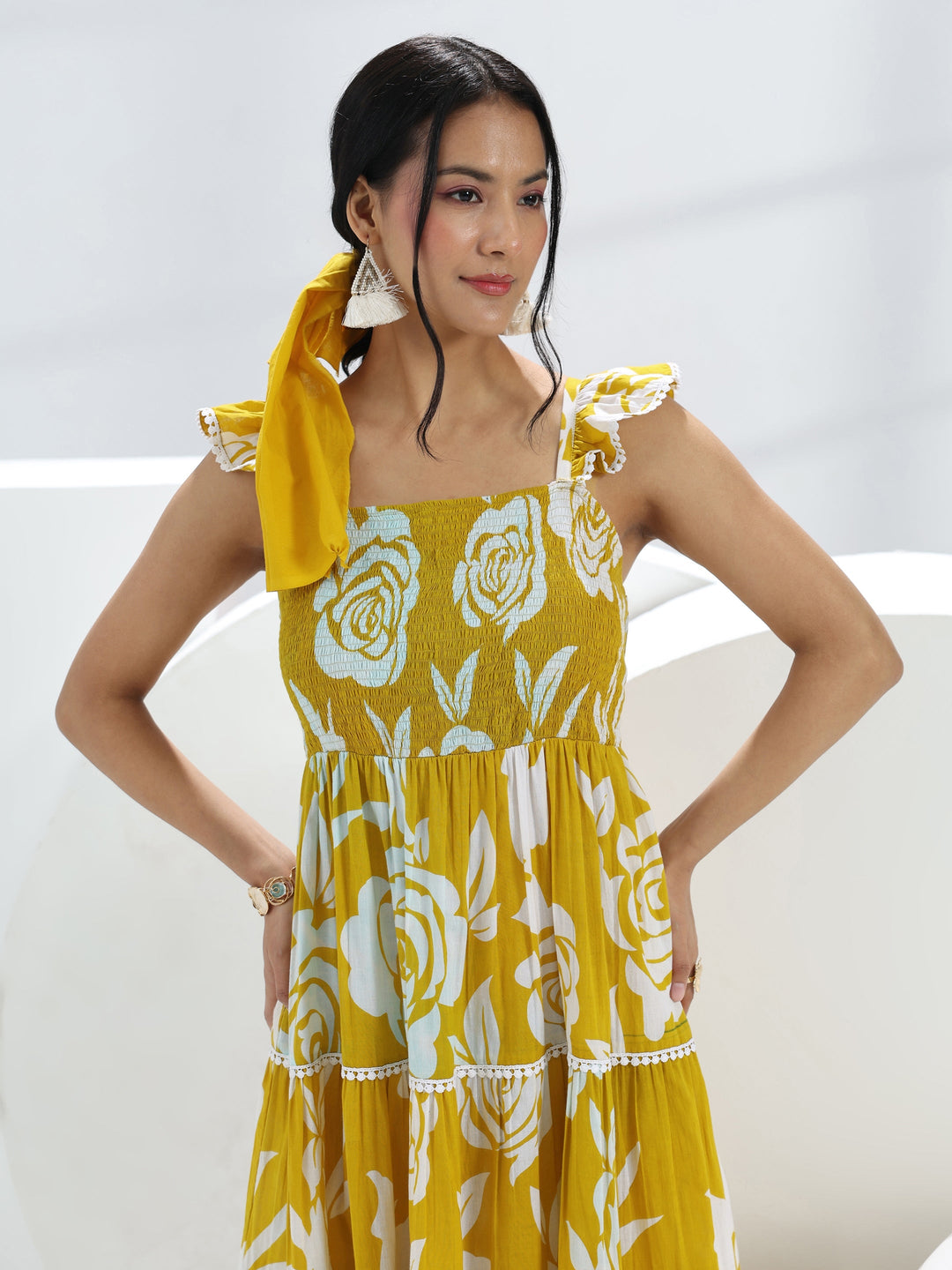  Yellow Floral Printed Cotton One-Piece Tiered Dress 