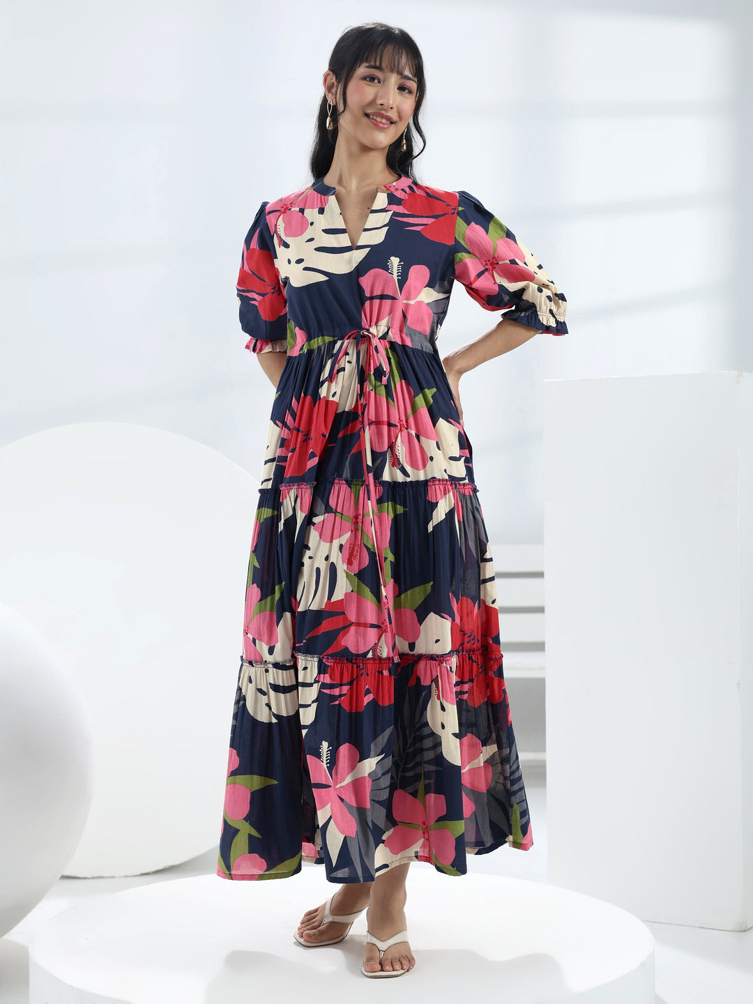 Navy Blue Floral Printed Cotton One-Piece Tiered Dress 