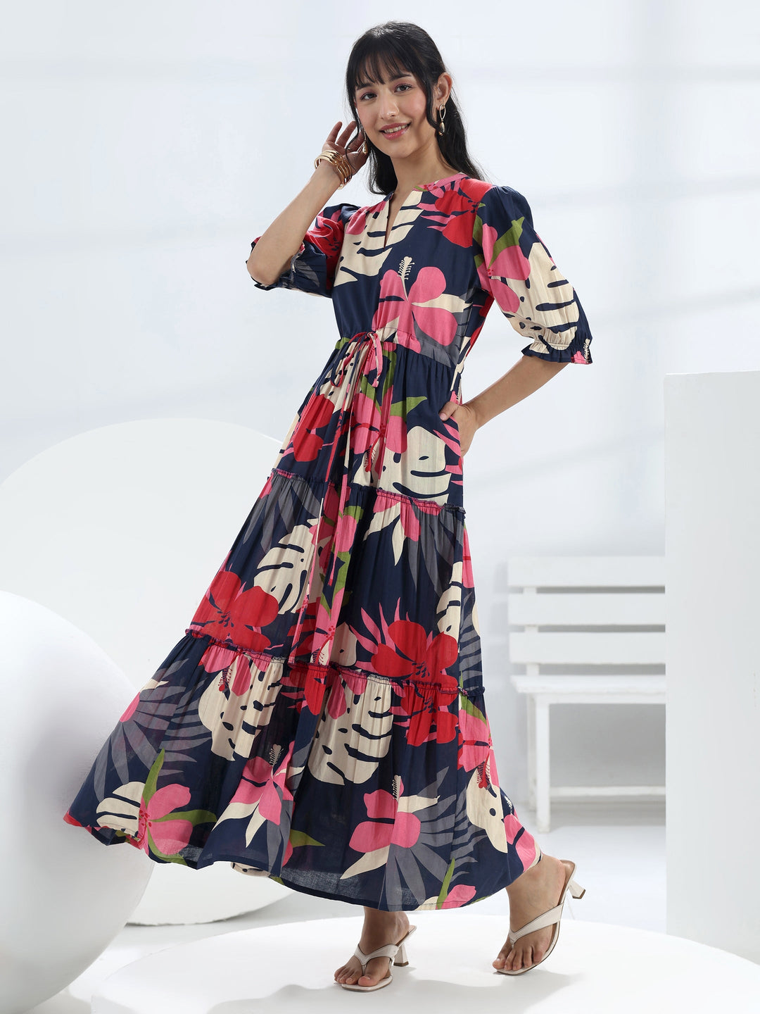  Navy Blue Floral Printed Cotton One-Piece Tiered Dress 