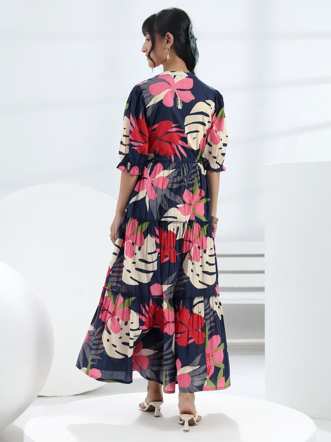  Navy Blue Floral Printed Cotton One-Piece Tiered Dress 