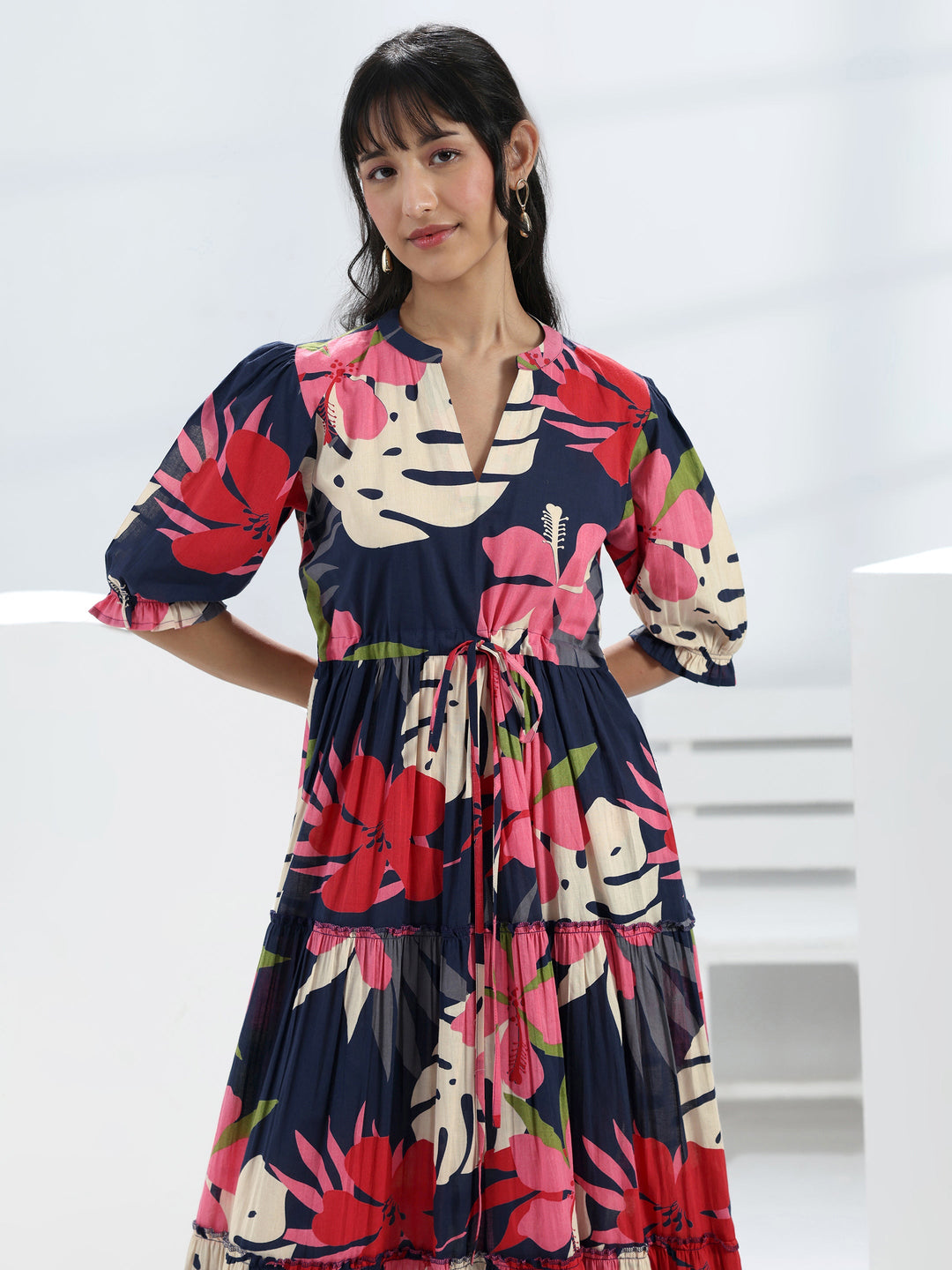  Navy Blue Floral Printed Cotton One-Piece Tiered Dress 