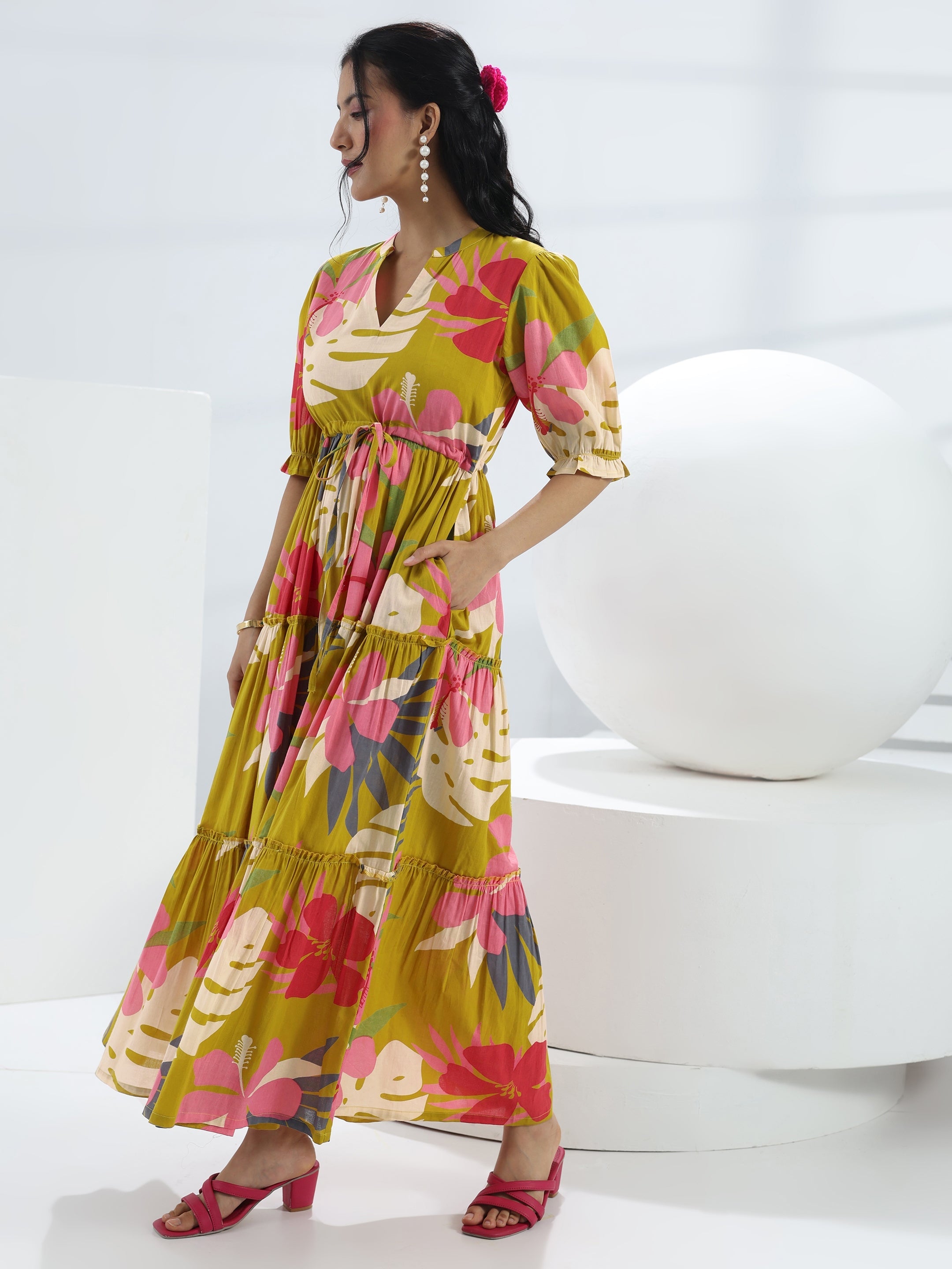 libas Yellow Floral Printed Cotton One-Piece Tiered Dress-picture-29