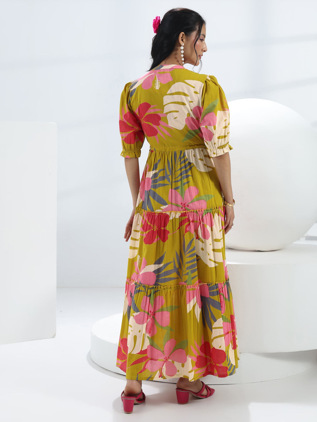  Yellow Floral Printed Cotton One-Piece Tiered Dress 