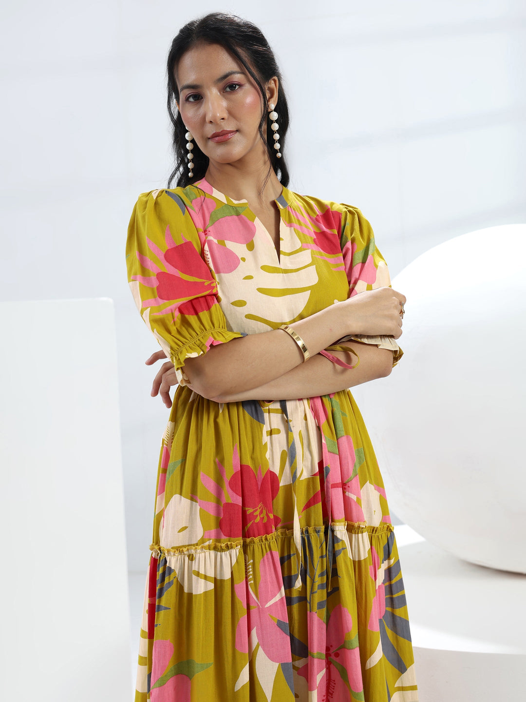  Yellow Floral Printed Cotton One-Piece Tiered Dress 