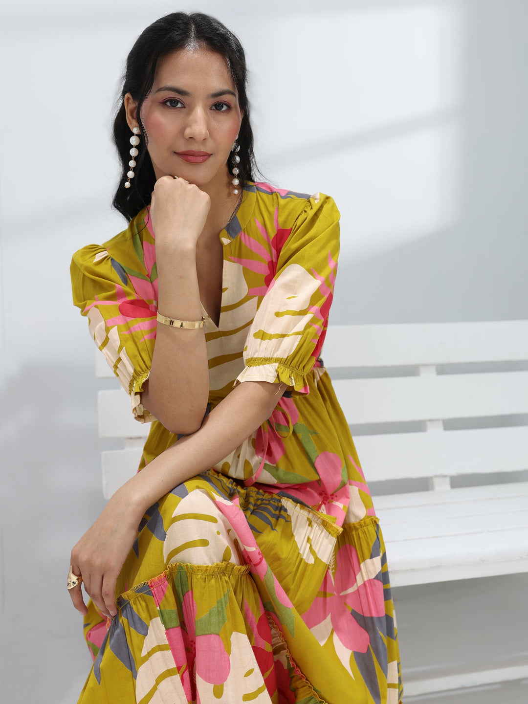  Yellow Floral Printed Cotton One-Piece Tiered Dress 