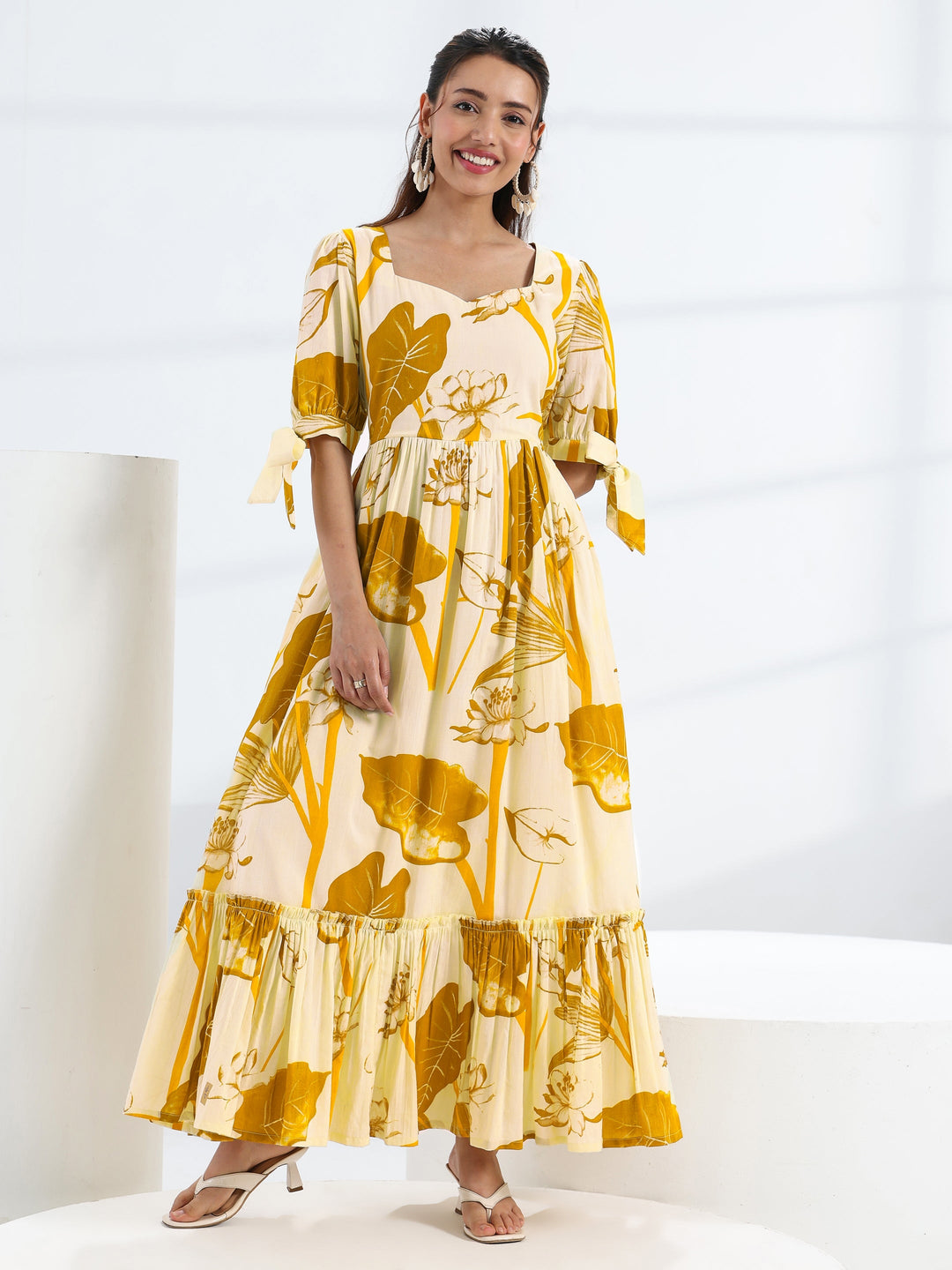  Yellow Tropical Printed Cotton Fit-And-Flare One Piece Dress 