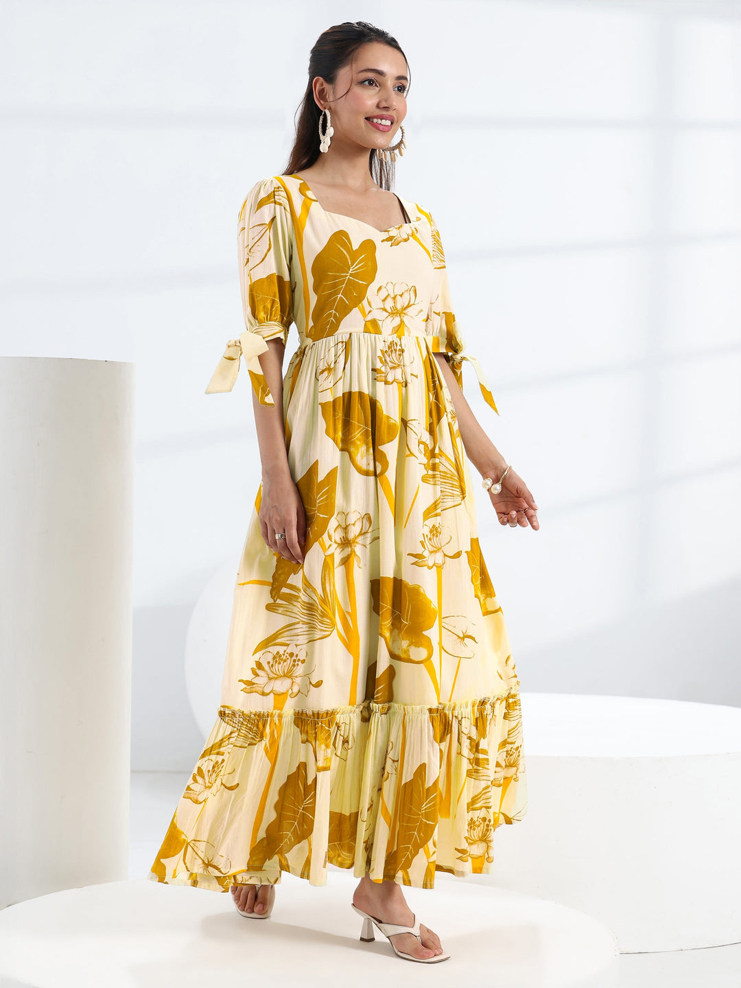  Yellow Tropical Printed Cotton Fit-And-Flare One Piece Dress 