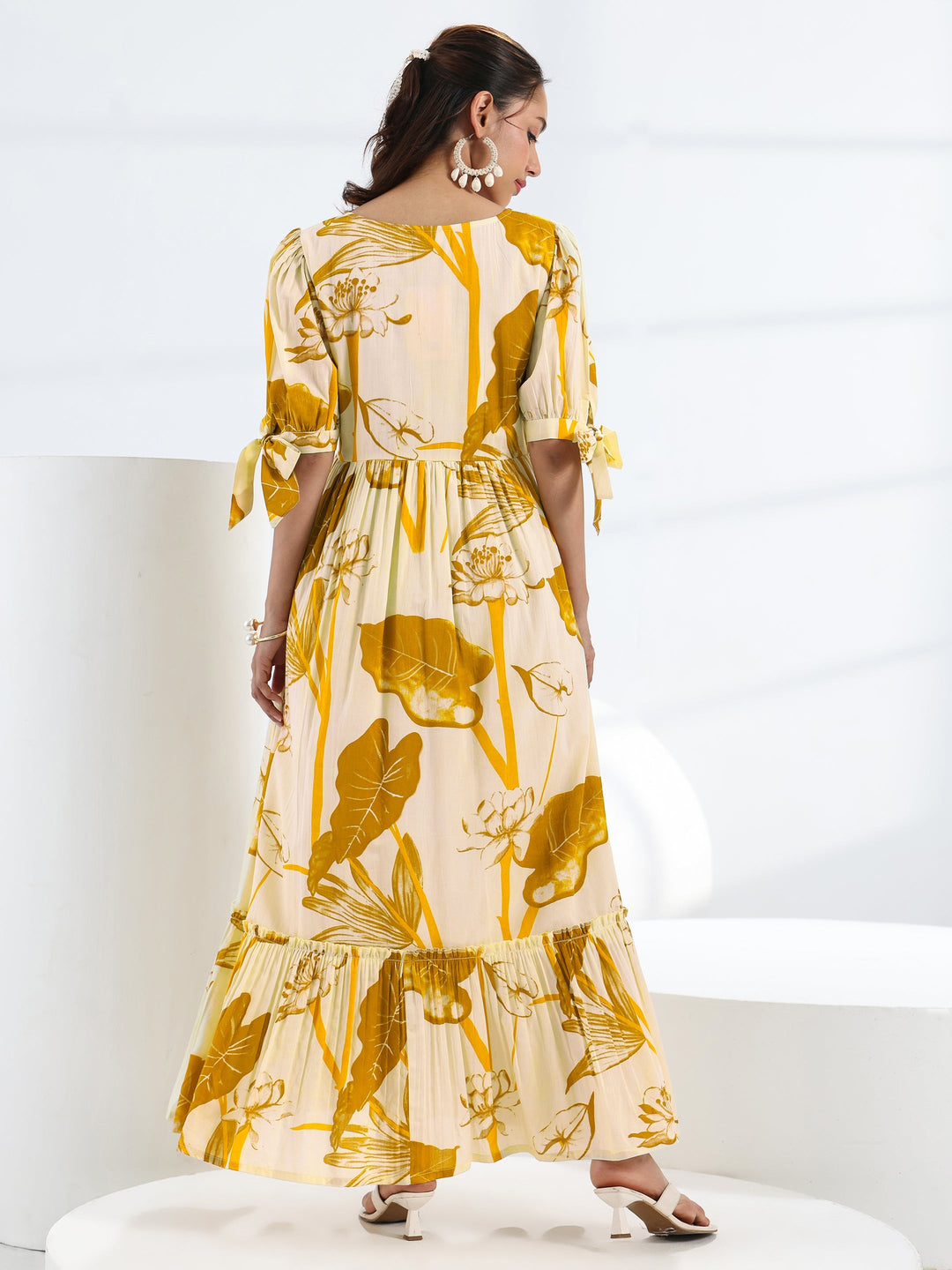  Yellow Tropical Printed Cotton Fit-And-Flare One Piece Dress 