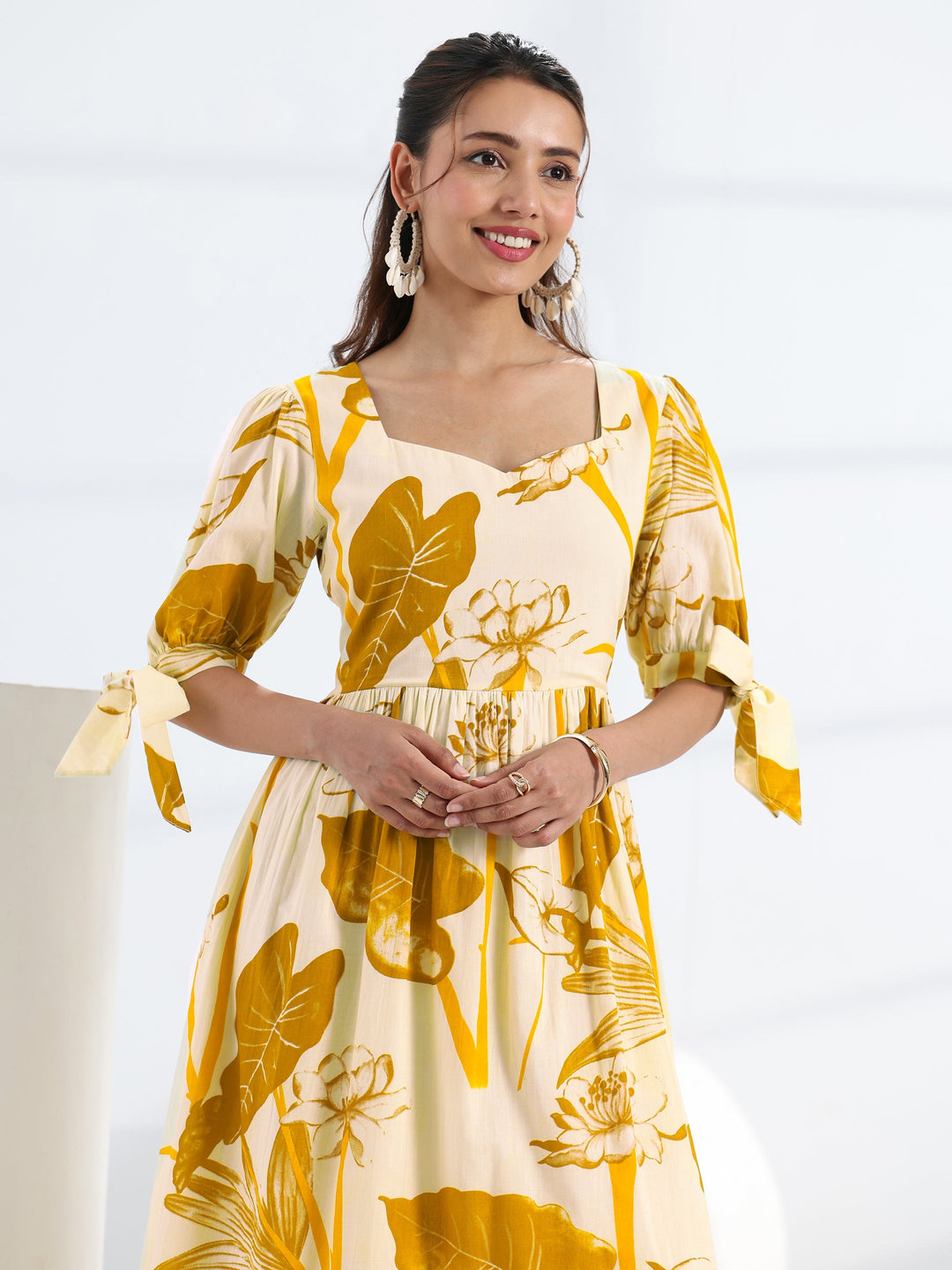  Yellow Tropical Printed Cotton Fit-And-Flare One Piece Dress 
