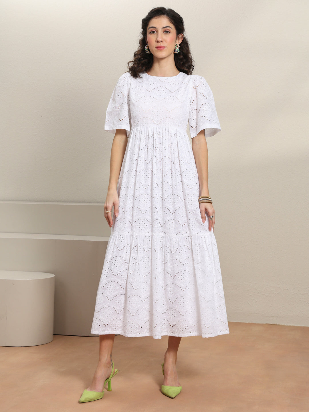  White Schiffli Embroidered Cotton Fit-And-Flare One-Piece Dress 