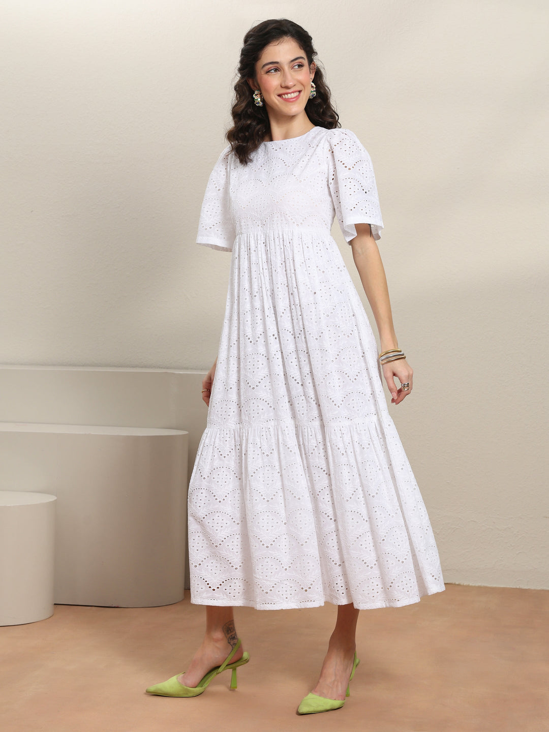  White Schiffli Embroidered Cotton Fit-And-Flare One-Piece Dress 