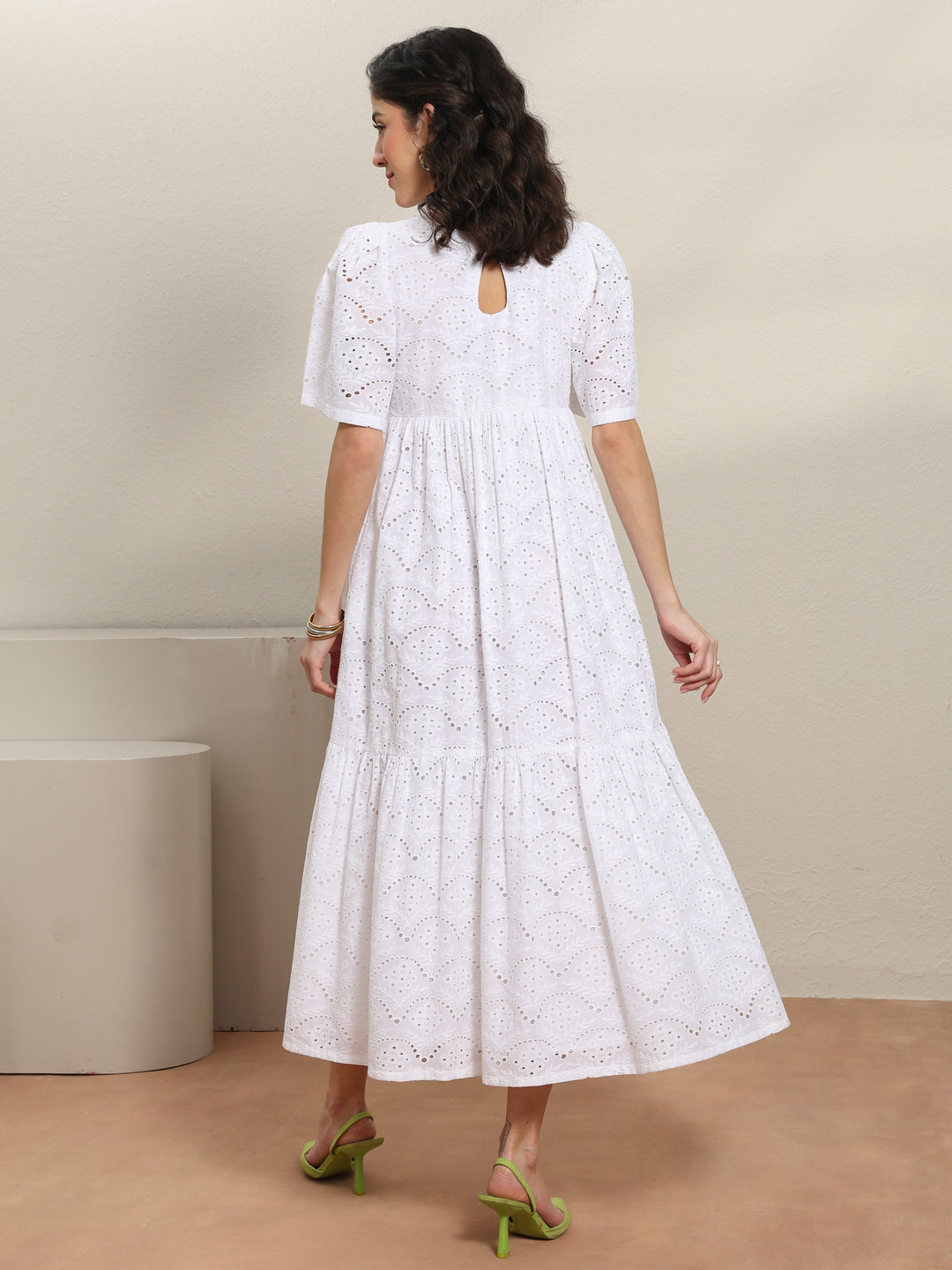  White Schiffli Embroidered Cotton Fit-And-Flare One-Piece Dress 