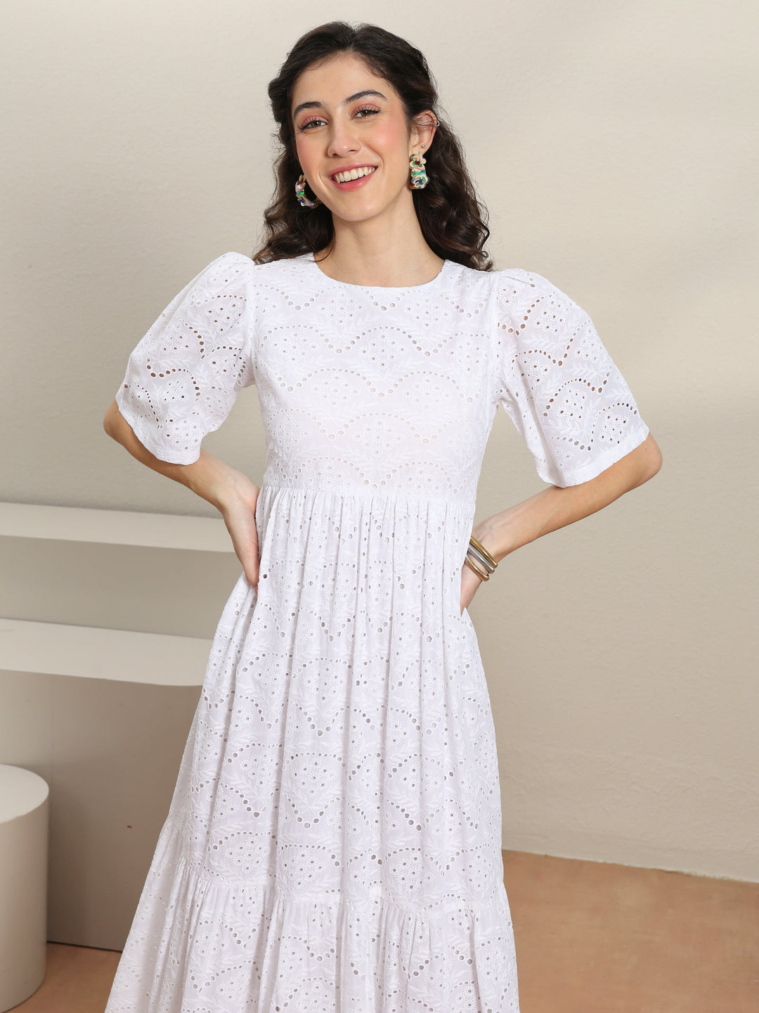  White Schiffli Embroidered Cotton Fit-And-Flare One-Piece Dress 