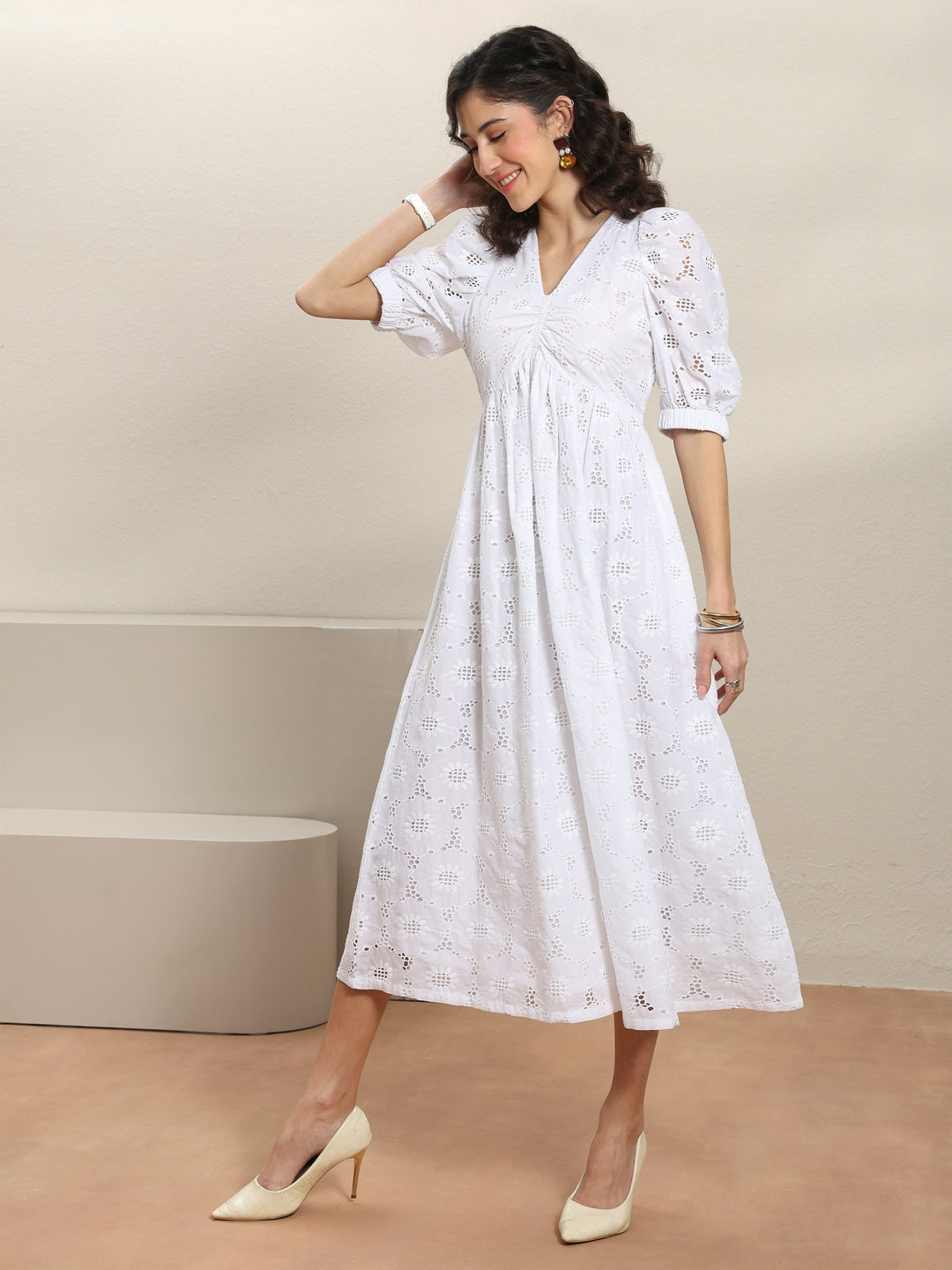  White Schiffli Embroidered Cotton A-Line One-Piece Dress 