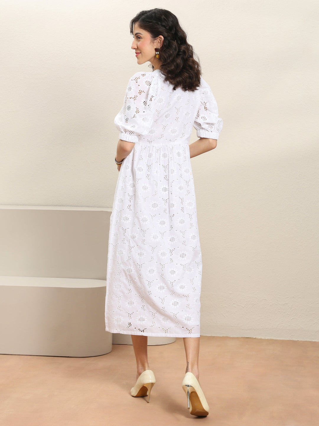  White Schiffli Embroidered Cotton A-Line One-Piece Dress 