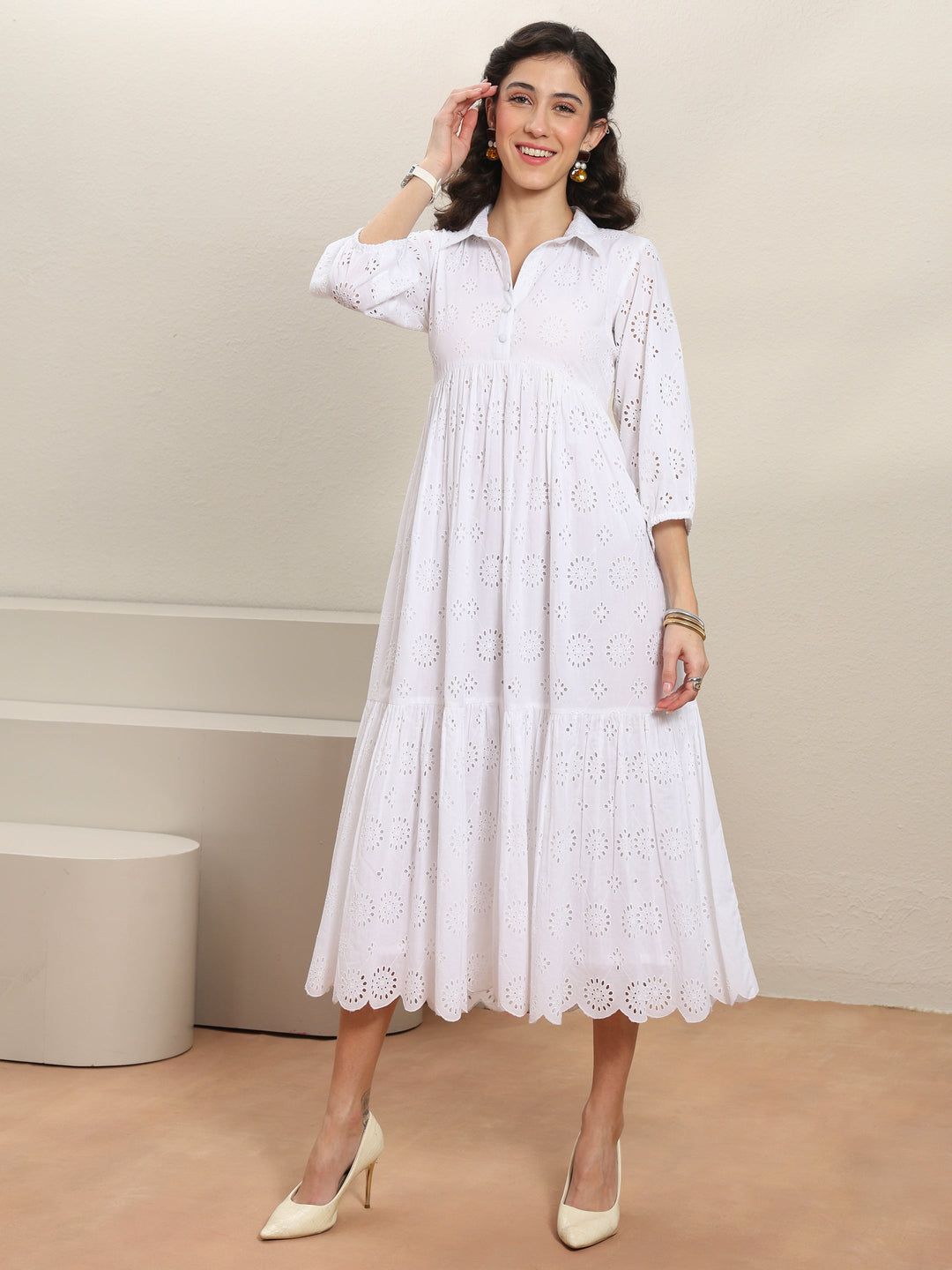 White Schiffli Embroidered Cotton Fit-And-Flare One-Piece Dress 