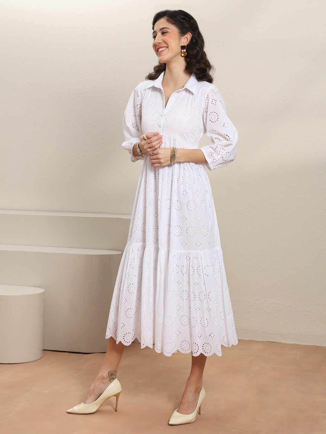  White Schiffli Embroidered Cotton Fit-And-Flare One-Piece Dress 