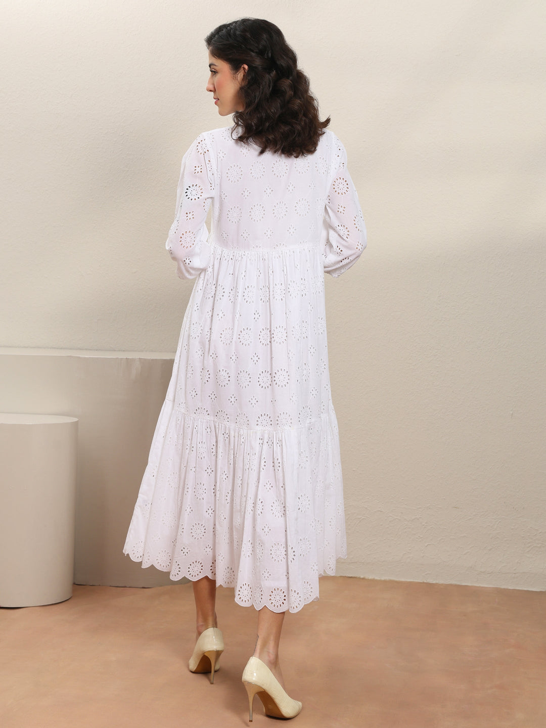  White Schiffli Embroidered Cotton Fit-And-Flare One-Piece Dress 