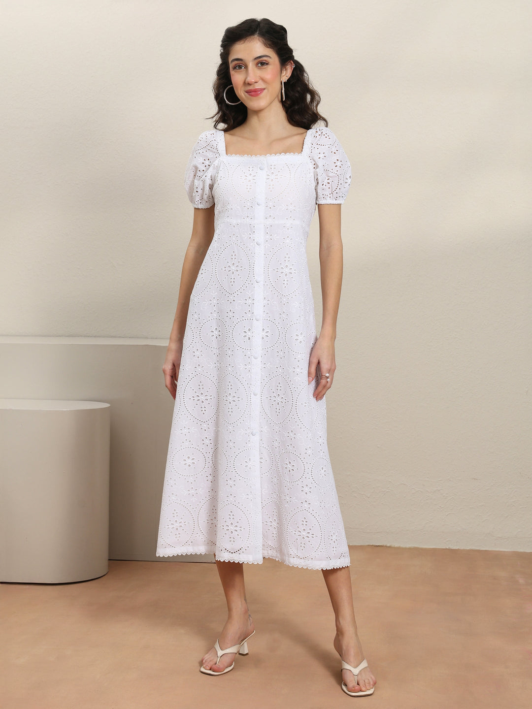  White Schiffli Embroidered Cotton A-Line One-Piece Dress 
