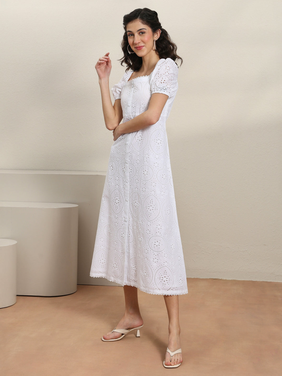  White Schiffli Embroidered Cotton A-Line One-Piece Dress 