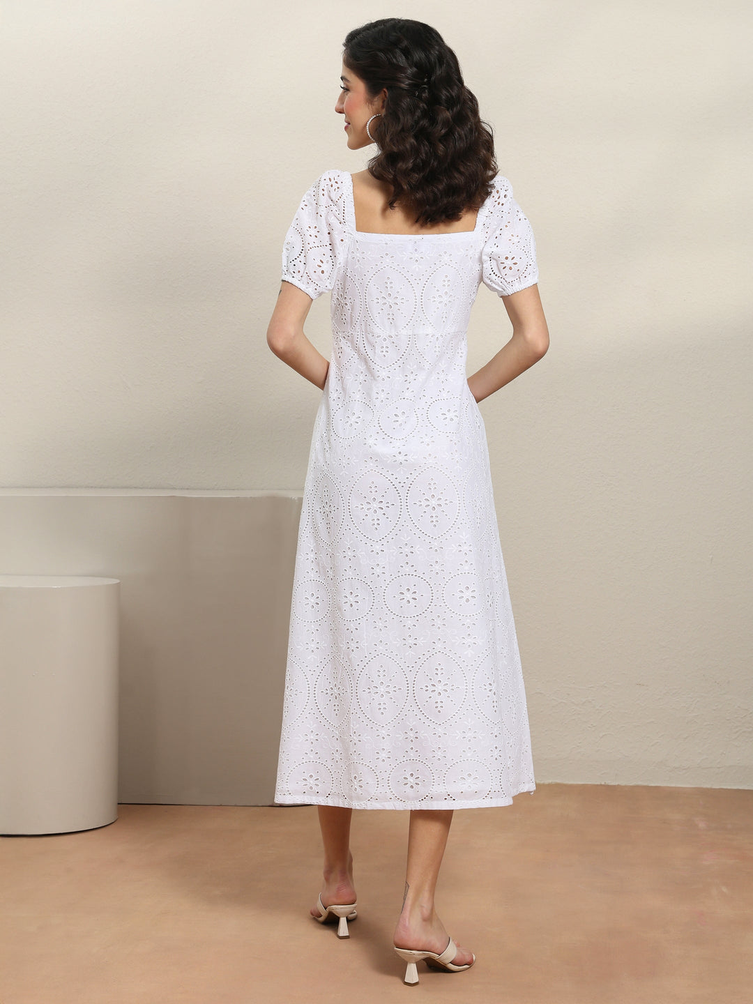  White Schiffli Embroidered Cotton A-Line One-Piece Dress 