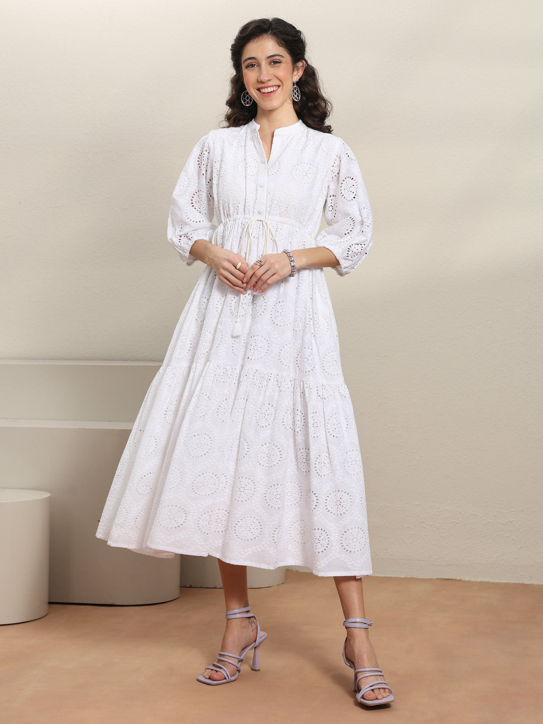  White Schiffli Embroidered Cotton Fit-And-Flare One-Piece Dress 