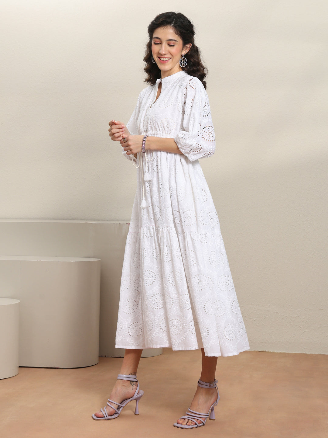  White Schiffli Embroidered Cotton Fit-And-Flare One-Piece Dress 